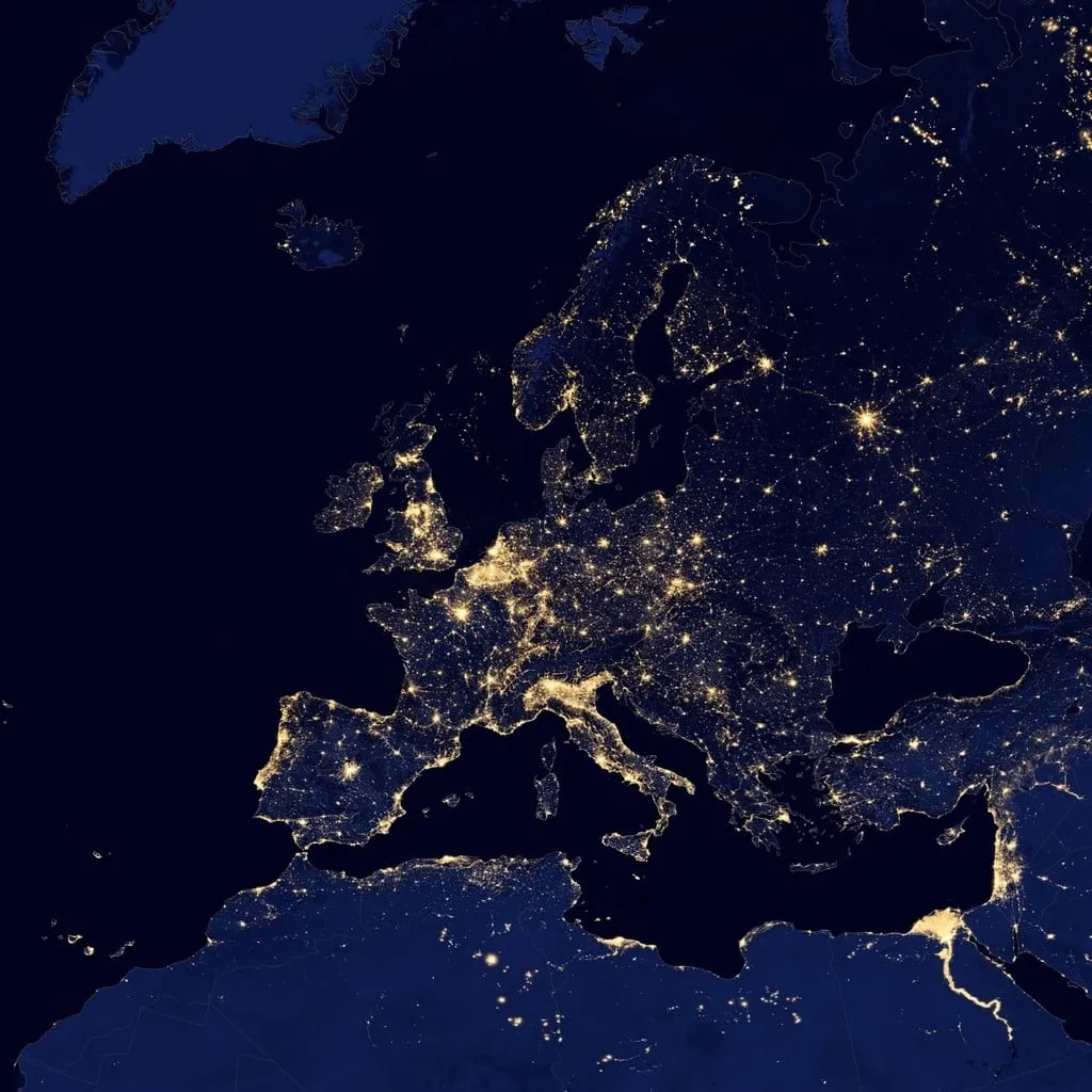 Satellite view of Europe's city lights at night